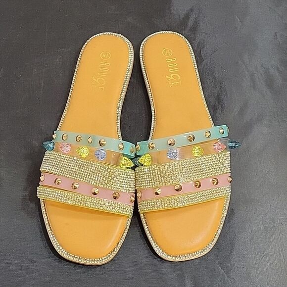 BRAND NEW ROUGE  STUDDED RHINESTONES EMBELLISHMENTS SLIDE SANDAL - Picture 4 of 14